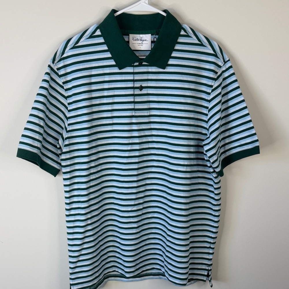 Walter Hagen Men's Polo Shirt in Green and White Stripes size Men Large